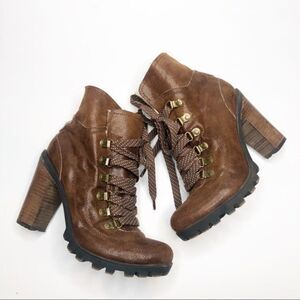 NINE WEST Janajay Bootie Lace Up Heel Leather Ankle Boot Brown Tan Sz 8 Women’s